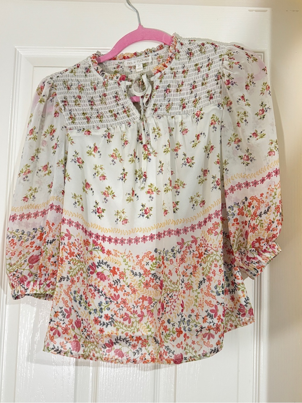 fig and flower White Floral Smocked Peasant Blouse with Pink and Coral Accents